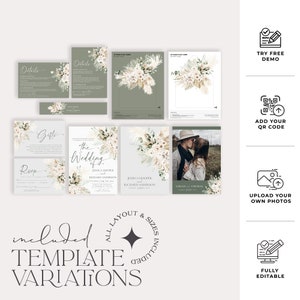 May include: A collection of wedding stationery templates featuring sage green and white backgrounds with floral arrangements of pampas grass and dried leaves. The set includes invitation cards, RSVP cards, details cards, and a photo card template.