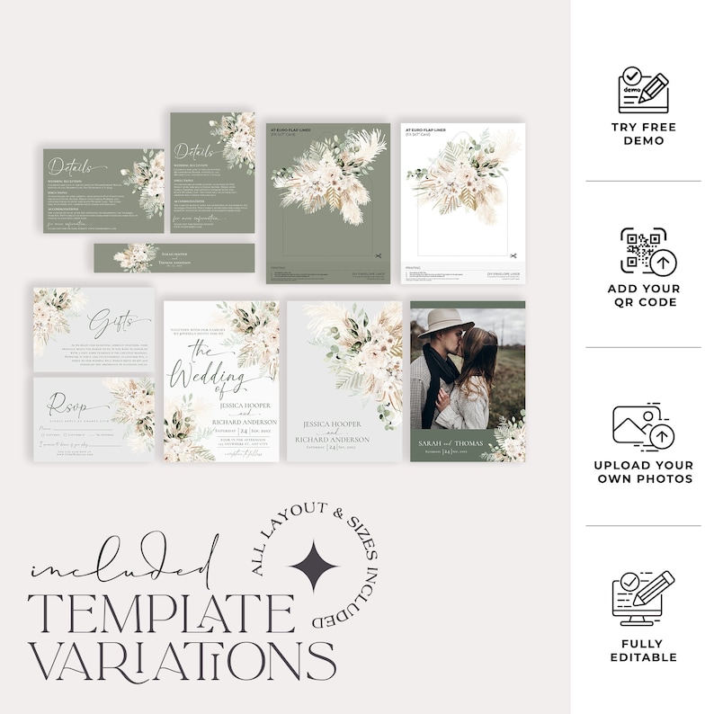 May include: A collection of wedding stationery templates featuring sage green and white backgrounds with floral arrangements of pampas grass and dried leaves. The set includes invitation cards, RSVP cards, details cards, and a photo card template.