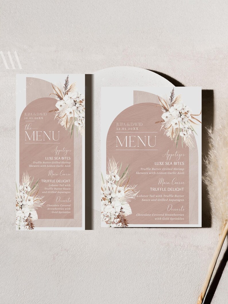Boho Arched Menu Template, Terracotta Boho Wedding Menu Template, Bohemian Wedding Menu Cards Printable Thank You Place Card Template E029