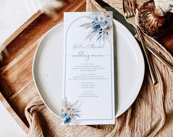 Dusty Blue Wedding Menu, Editable Boho Menu Template, Blue Desert Wedding Dinner Menu, Editable Dusty Blue Boho Pampas Menu Card #ACB024