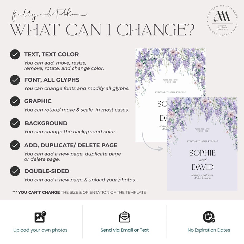 May include: A checklist of what can be changed on a wedding invitation template. The template features a purple and white floral design with the text "Welcome to our wedding" and the names "Sophie and David".