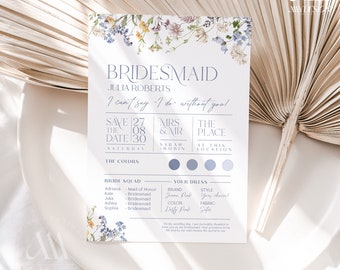 Bridesmaid Information Card, Bridesmaid Proposal Card Template, Will You Be My Bridesmaid Card Wildflower Bridal Shower B031