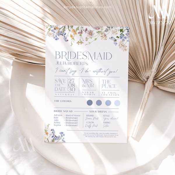 Bridesmaid Information Card, Bridesmaid Proposal Card Template, Will You Be My Bridesmaid Card Wildflower Bridal Shower B031