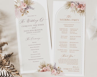 Puede incluir: Un programa de ceremonia de boda con un diseño floral que presenta flores rosas y moradas, vegetación y detalles dorados. El programa incluye los nombres de la novia y el novio, Charlotte Anne Jurner y Jason Ryan Branson, y la fecha de la boda, domingo 07.08.20XX. El programa también incluye el orden de la ceremonia y una lista de los miembros de la boda.