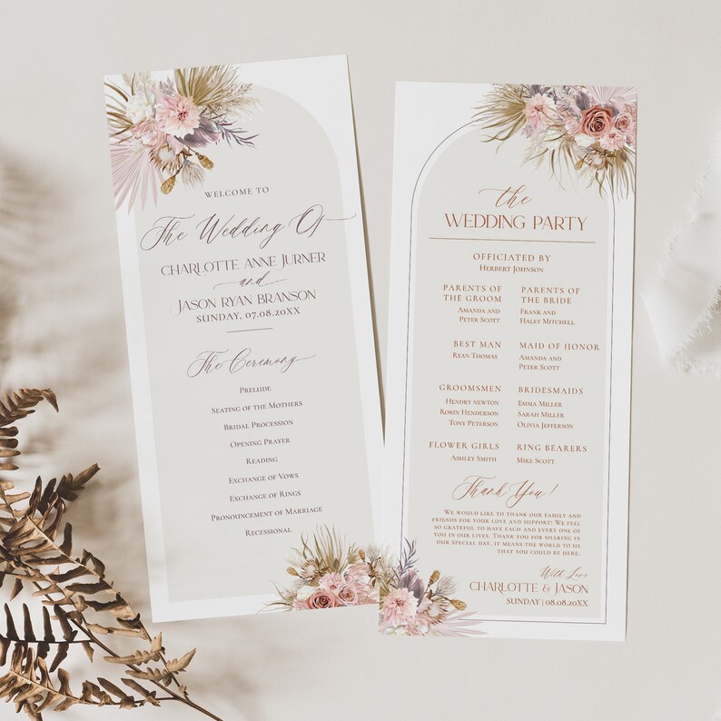 Pink Boho Wedding Program Template: Catholic Ceremony (Digital Download) D016