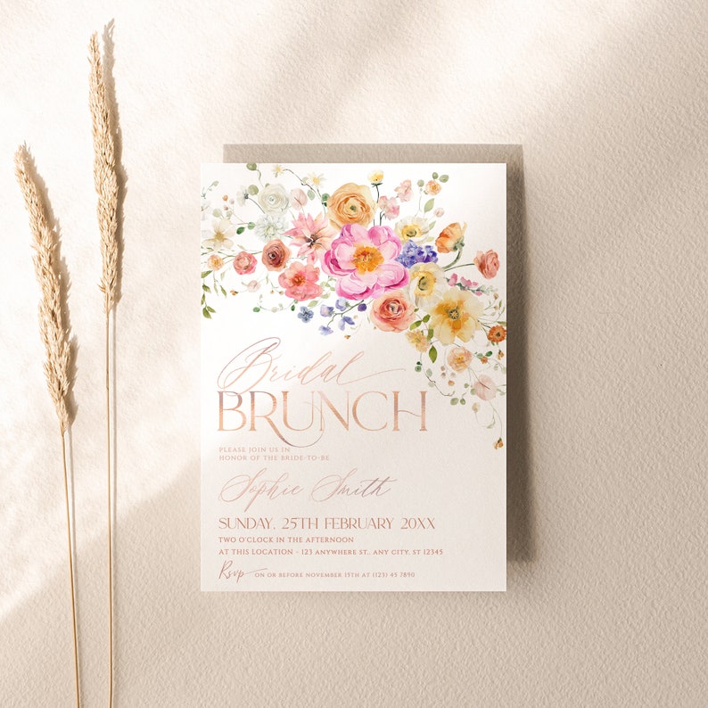 Floral Bridal Brunch Invitation: Colorful Wildflower Garden (Editable Template) A034 image 2