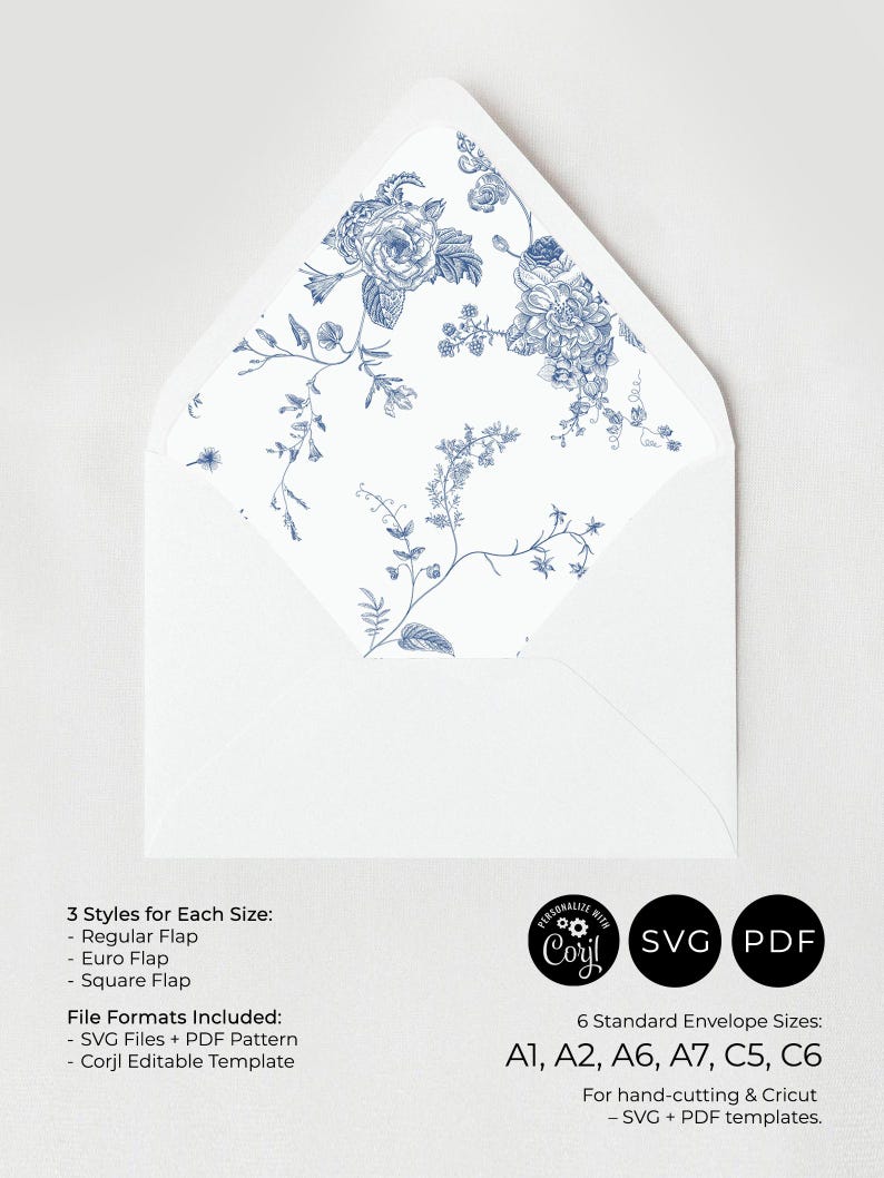 Monogram Blue Envelope Liner Template, DIY Envelope Liner Printable Template, Wedding Envelope Liner Template, PDF SVG Digital Download