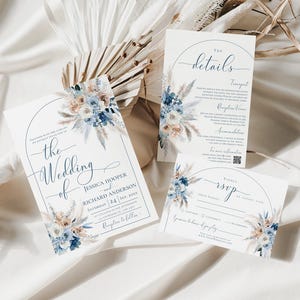 May include: Wedding invitation suite with a blue and white floral design. The invitation features the text "the wedding of Jessica Hooper and Richard Anderson".