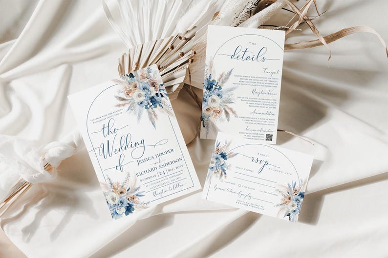 May include: Wedding invitation suite with a blue and white floral design. The invitation features the text "the wedding of Jessica Hooper and Richard Anderson".