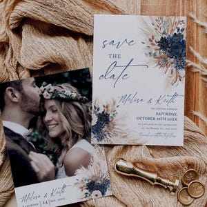 Navy Rust Wedding Save The Date Template with Photo, Boho Save The Date Cards Printable Download E017