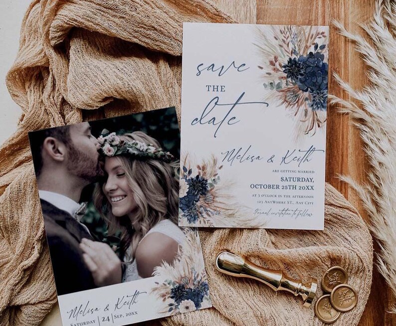 Navy Rust Wedding Save The Date Template with Photo, Boho Save The Date Cards Printable Download E017