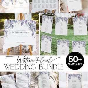 May include: A wedding stationery bundle featuring wisteria floral illustrations in shades of purple and green on white paper. The collection includes welcome signs, seating charts, table numbers, menus, itineraries, and thank you tags with black text.