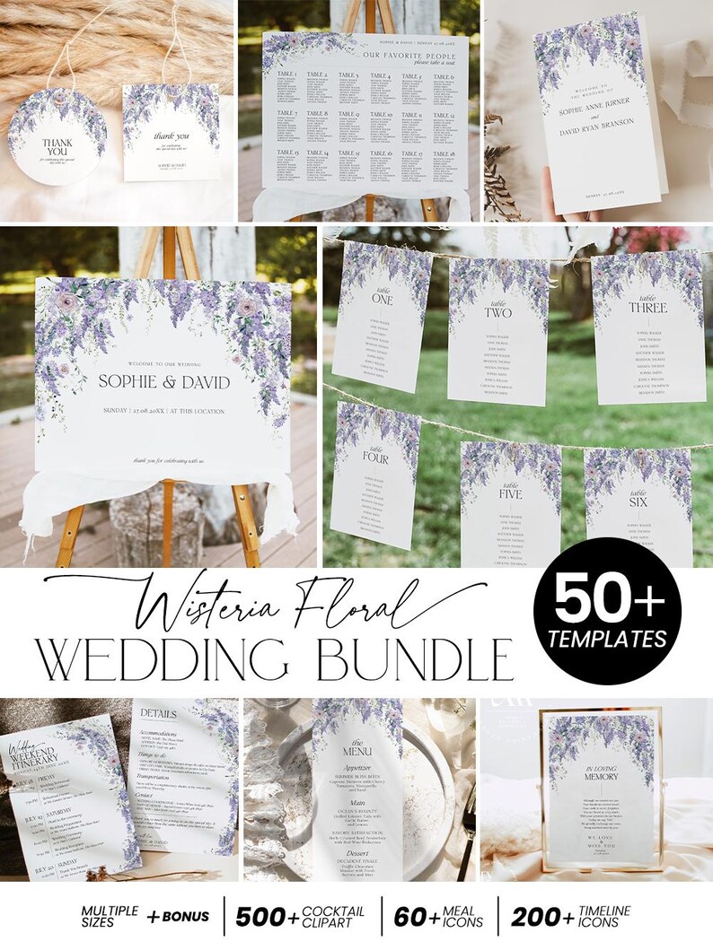 May include: A wedding stationery bundle featuring wisteria floral illustrations in shades of purple and green on white paper. The collection includes welcome signs, seating charts, table numbers, menus, itineraries, and thank you tags with black text.