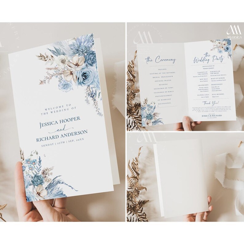 Blue Floral Catholic Wedding Program Template, Catholic Ceremony Programs (Digital Download) D018