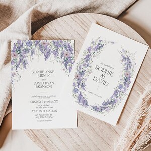 Wisteria Wedding Invitation Template with Photo, Save the Date Cards, Purple Floral Wedding Suite Template