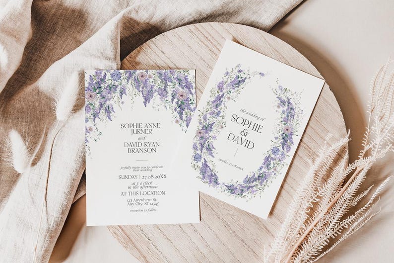 Wisteria Wedding Invitation Template with Photo, Save the Date Cards, Purple Floral Wedding Suite Template