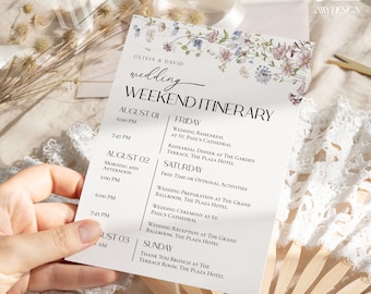 Wildflower Wedding Itinerary Template, Weekend Itinerary Editable, Botanical Wedding Timeline Schedule Template