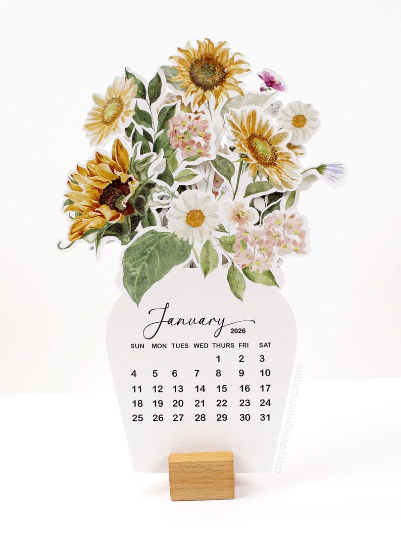 Sunflower Calendar Printable 2026 | Floral Desk Calendar Template | PNG ...