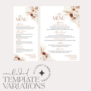 May include: Two white wedding menu templates with copper-colored text and floral accents featuring pampas grass and dried flowers. The text includes the names Charlotte and Jason, the date 17th June 20XX, and various food items listed under headings.