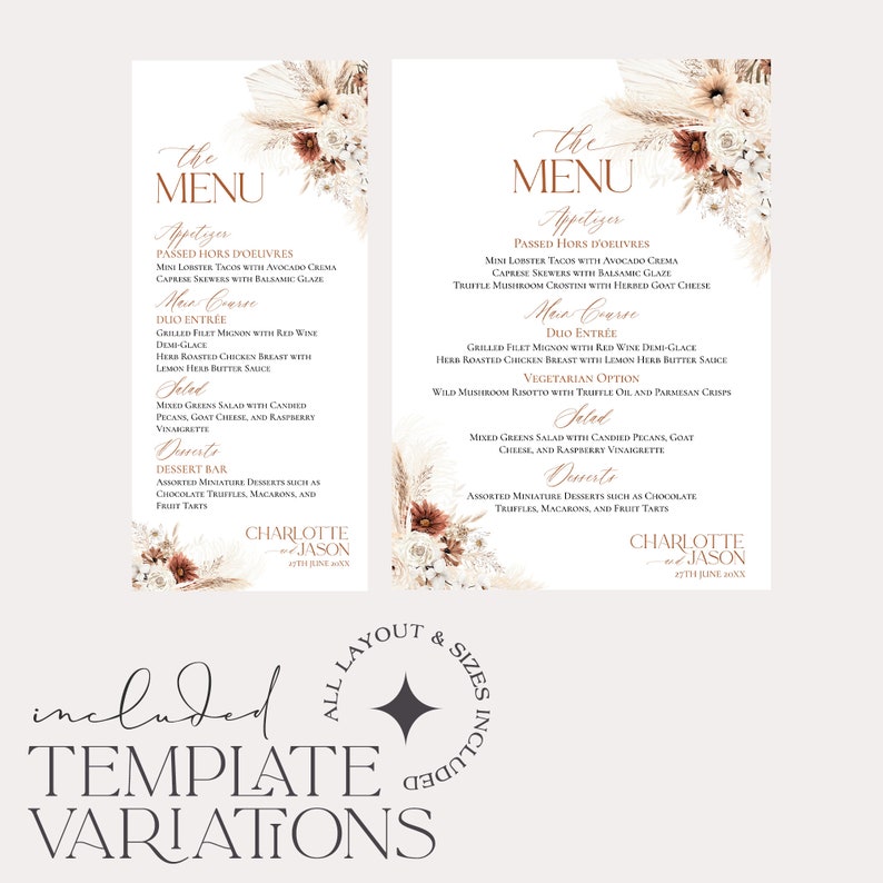 May include: Two white wedding menu templates with copper-colored text and floral accents featuring pampas grass and dried flowers. The text includes the names Charlotte and Jason, the date 17th June 20XX, and various food items listed under headings.