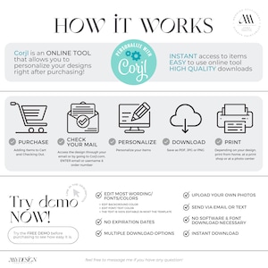 May include: How it works infographic with a blue and white illustration of a shopping cart, an envelope, a computer with a pencil, a cloud with a download arrow, and a printer. The text "Corjl is an ONLINE TOOL that allows you to personalize your designs right after purchasing!" is at the top of the infographic. The text "Try demo NOW!" is at the bottom of the infographic.
