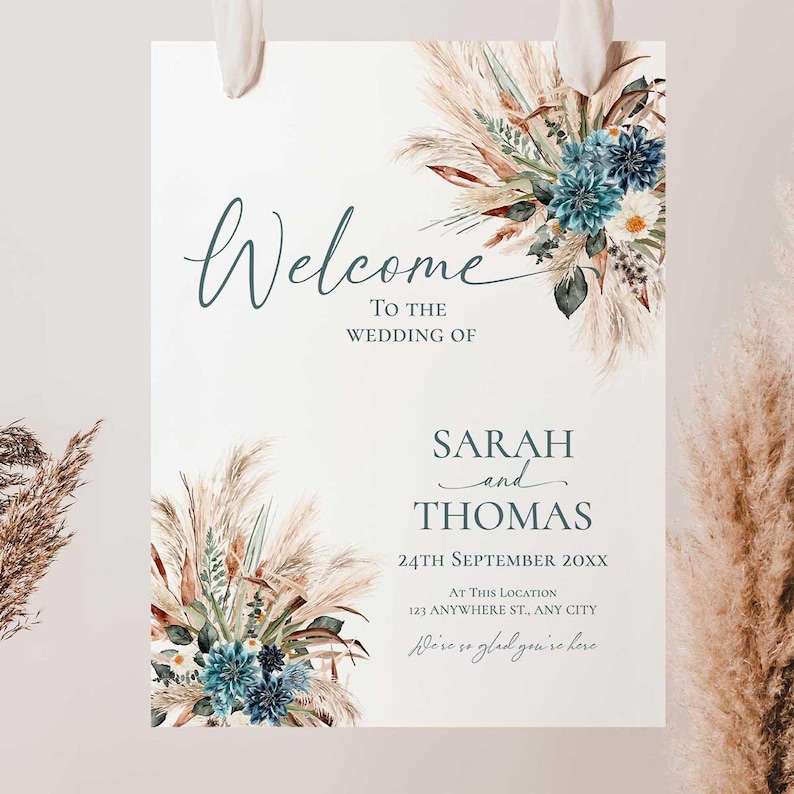 Boho Teal Wedding Welcome Sign Template, Turquoise Wedding Signage Template, Welcome to Our Wedding Signs Printable E106
