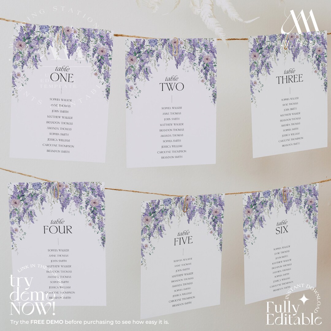 Purple Seating Chart Cards, Seating Chart Template Wedding Table