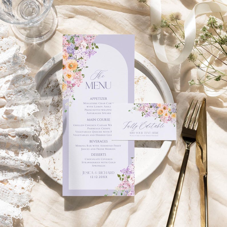 May include: A purple and white wedding menu card with floral illustrations. The menu includes appetizers, main course, beverages, and desserts. The text on the card reads "The Menu", "Appetizer", "Main Course", "Beverages", "Desserts", "Jessica & Richard", and "12.12.20XX".