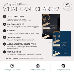 May include: A checklist of what can be changed on a customizable invitation template. The template features a gold and black design with the text "GALA" and "The Annual of Fully Editable".