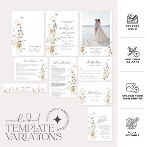 Op de afbeelding: Een huwelijksuitnodigingsset met een bloemmotief met een aquarel-illustratie van wilde bloemen en katoen. De uitnodiging omvat een hoofduitnodigingskaart, een detailkaart, een RSVP-kaart en een bedankkaart. De set is volledig bewerkbaar en bevat meerdere sjabloonvariaties.