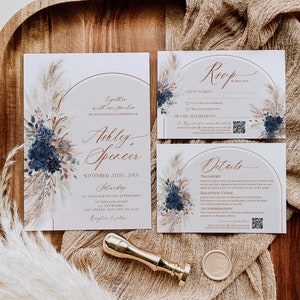 Navy Blue Wedding Invitation Template Boho Wedding Invitation Suite Navy Blue Wedding Invite Set Pampas Bohemian Arched E059