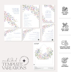 K&ouml;nnte beinhalten: Ein Hochzeitspapeterie-Set mit wei&szlig;en Karten, verziert mit zarten Aquarell-Blumenillustrationen in Rosa, Blau und Gr&uuml;n. Das Set enth&auml;lt Einladungs-, Antwort-, Detail- und Geschenkkarten mit anpassbarem Text sowie eine Umschlageinlage.
