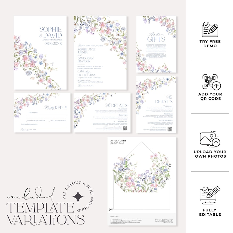 K&ouml;nnte beinhalten: Ein Hochzeitspapeterie-Set mit wei&szlig;en Karten, verziert mit zarten Aquarell-Blumenillustrationen in Rosa, Blau und Gr&uuml;n. Das Set enth&auml;lt Einladungs-, Antwort-, Detail- und Geschenkkarten mit anpassbarem Text sowie eine Umschlageinlage.