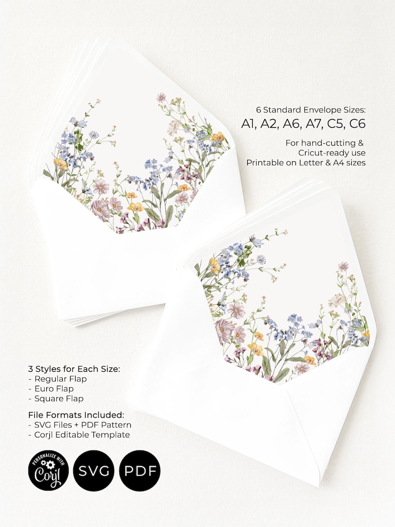 Plantilla para forro de sobre con diseño de flores silvestres: Imprimible para hacer tú mismo en tamaños A7, Euro y Cuadrado (Descarga digital) D002 imagen 4