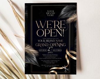 Black and Gold Grand Opening uitnodiging bewerkbare sjabloon, zakelijke uitnodiging, digitale uitnodiging lanceringsfeest, We&#39;re open Invite C004