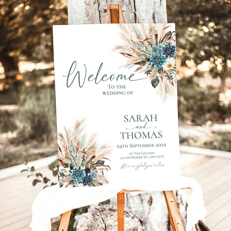 Boho Teal Wedding Welcome Sign Template, Turquoise Wedding Signage Template, Welcome to Our Wedding Signs Printable E106