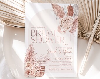 Boho Bridal Shower Invitation: Arched Dusty Pink Floral (Editable, Instant Download) B015
