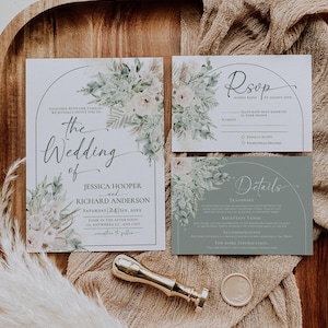 Modèle de faire-part de mariage vert sauge, modèle de suite de faire-part de mariage verdure, mariage bohème réservez les cartes imprimable E090