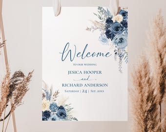 Dusty Blue Wedding Welcome Sign Template, Floral Poster, Navy Ivory Wedding Decor, Large Entryway Sign, Printable Wedding Poster E129
