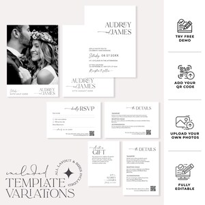 May include: A collection of elegant wedding stationery templates in black and white. The design includes invitations, RSVP cards, and details cards. The text includes the names "Audrey and James" and wedding details. The templates are fully editable.