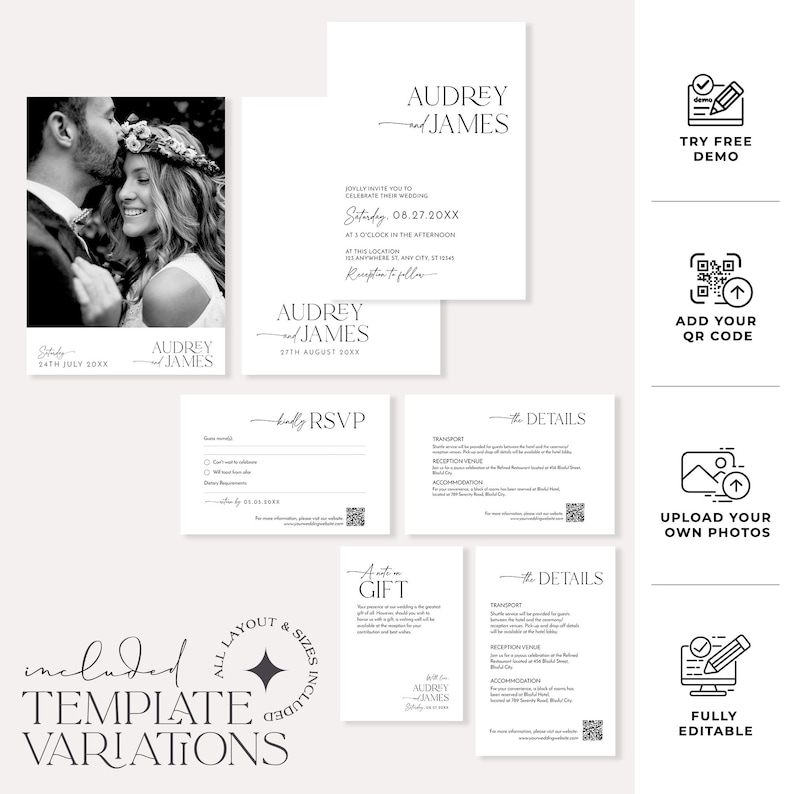 May include: A collection of elegant wedding stationery templates in black and white. The design includes invitations, RSVP cards, and details cards. The text includes the names "Audrey and James" and wedding details. The templates are fully editable.