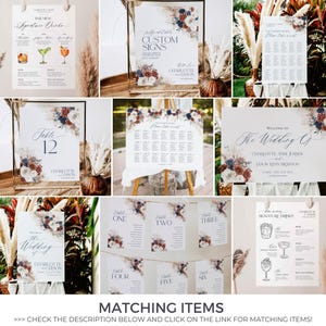 May include: A collection of wedding stationery featuring white paper with navy blue, burgundy, and cream floral arrangements. The set includes bar menus, table numbers, seating charts, and welcome signs with text such as The Wedding of Charlotte and Jason.