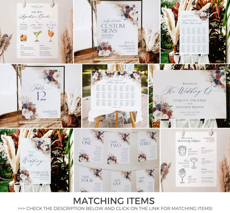 May include: A collection of wedding stationery featuring white paper with navy blue, burgundy, and cream floral arrangements. The set includes bar menus, table numbers, seating charts, and welcome signs with text such as The Wedding of Charlotte and Jason.