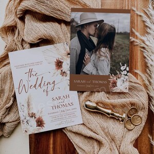 Boho Wedding Invitation Card Template, Terracotta Wedding Invite Template, Editable Fall Wedding Invite Cards Printable Pampas grass D021