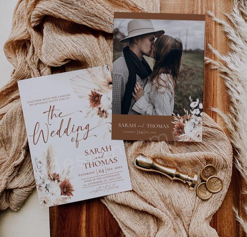 Boho Wedding Invitation Card Template, Terracotta Wedding Invite Template, Editable Fall Wedding Invite Cards Printable Pampas grass D021