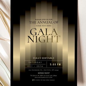 Puede incluir: Una tarjeta de invitación rectangular con un fondo degradado en negro y dorado con rayas verticales. El texto dice: PLEASE JOIN US FOR THE ANNUAL OF YOUR TEXT HERE GALA NIGHT FULLY EDITABLE SATURDAY OCT 25TH 5:00 PM 123 ANYWHERE ST.