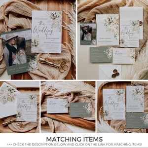 May include: A wedding stationery suite featuring white cards with sage green floral illustrations, dried palm leaves, and elegant script text. The set includes invitations, RSVP cards, and detail cards, some paired with envelopes, gold wax seals, and a metal wax stamp.