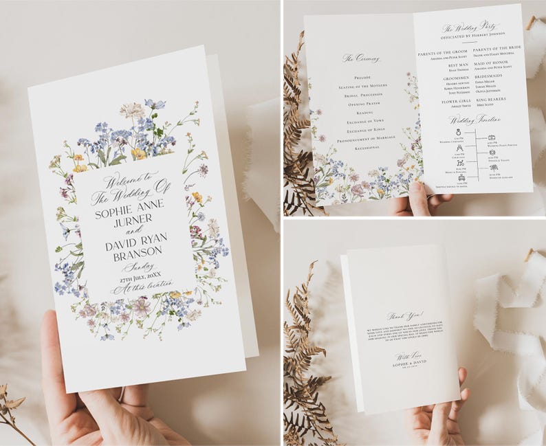 May include: A wedding program with a floral design featuring a variety of flowers in shades of blue, purple, and pink. The program includes the names of the bride and groom, Sophie Anne Jurner and David Ryan Branson, and the date of the wedding, Sunday, June 17th, 2023. The program also includes the order of the ceremony and a wedding party list.