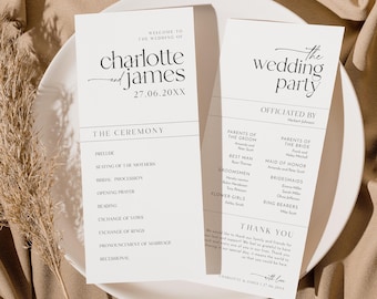 May include: Two elegant wedding programs on a white plate. The programs are white with black text, including the names "Charlotte and James" and "The Wedding Party." The programs list the ceremony details and wedding party members.