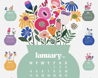 2027 2028 Printable Desk Calendar, Abstract Floral Calendar SVG PNG PDF, Flower Vase Calendar Template, Digital Download